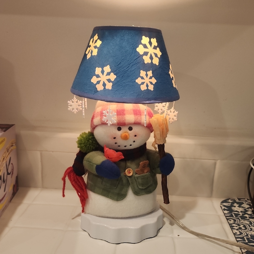 Vintage Snowman Table Lamp with Blue Snowflake Shade, holiday, Christmas